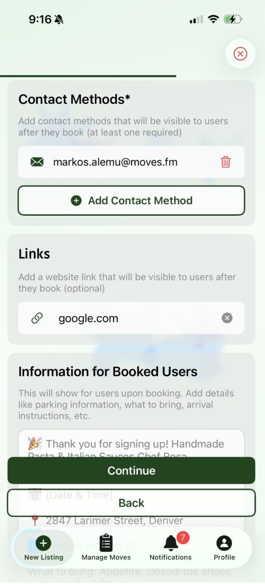 Booking information